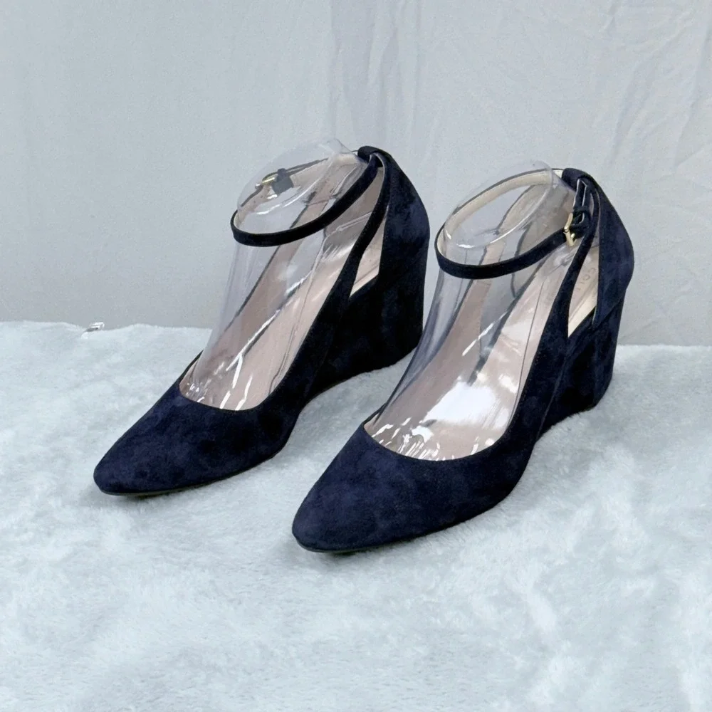 Cole Haan Lacey Suede Grand.OS Wedge Pump Women 8.5 Blue Ankle Strap Pointed Toe